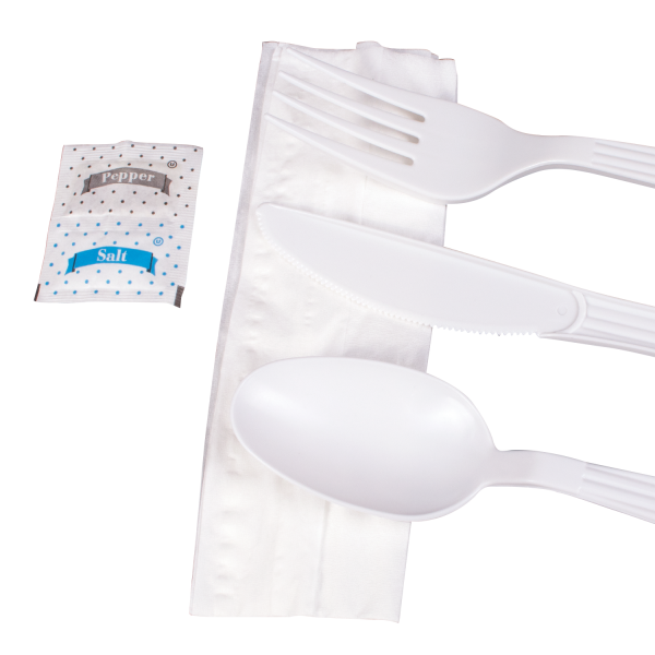 [250 sets] PP Plastic Heavy Weight Cutlery Kits with Salt and Pepper, White