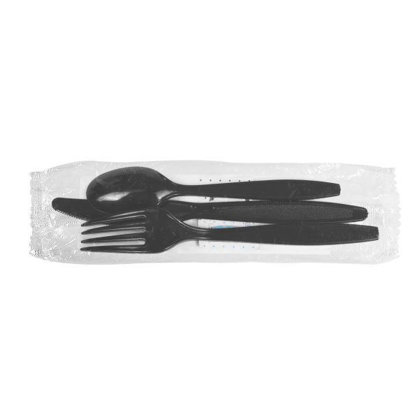 [250 sets] PS Plastic Heavy Weight Cutlery Kits with Salt and Pepper, Black