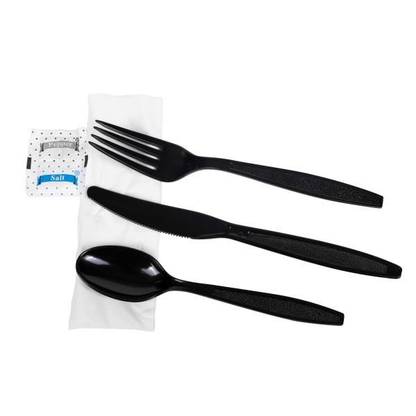 [250 sets] PS Plastic Heavy Weight Cutlery Kits with Salt and Pepper, Black
