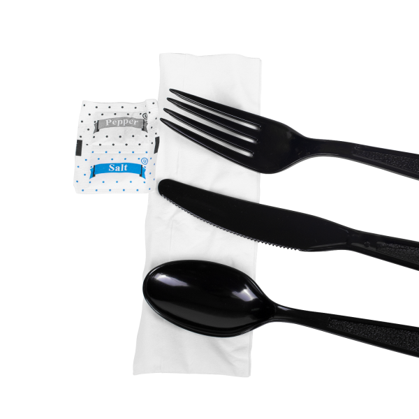 [250 sets] PS Plastic Heavy Weight Cutlery Kits with Salt and Pepper, Black