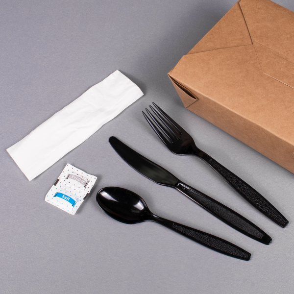 [250 sets] PS Plastic Heavy Weight Cutlery Kits with Salt and Pepper, Black