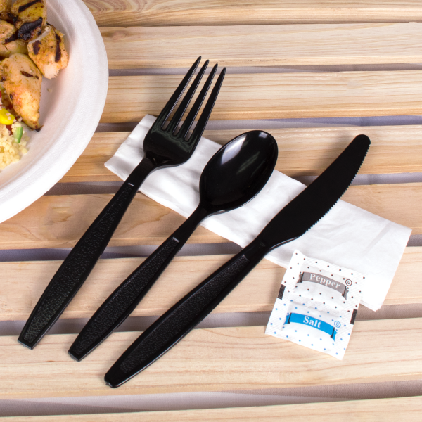 [250 sets] PS Plastic Heavy Weight Cutlery Kits with Salt and Pepper, Black