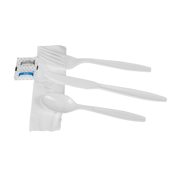 [250 sets] PS Plastic Heavy Weight Cutlery Kits with Salt and Pepper, White