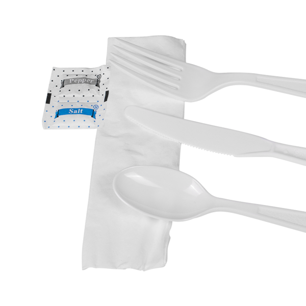 [250 sets] PS Plastic Heavy Weight Cutlery Kits with Salt and Pepper, White