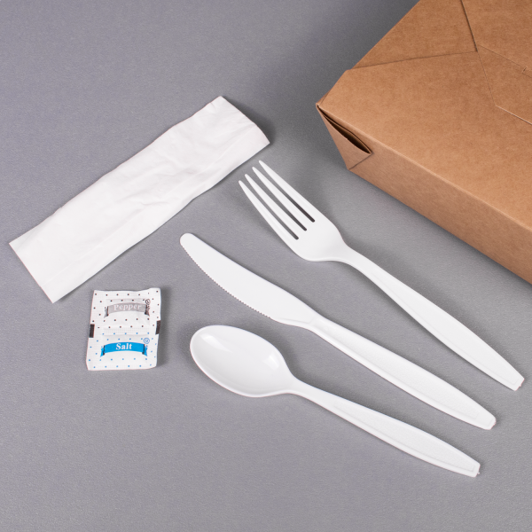 [250 sets] PS Plastic Heavy Weight Cutlery Kits with Salt and Pepper, White