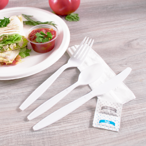 [250 sets] PS Plastic Heavy Weight Cutlery Kits with Salt and Pepper, White