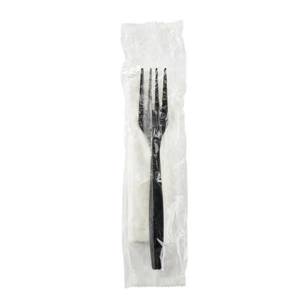 [500 sets] PP Plastic Heavy Weight Cutlery Kits (Fork, 1-ply Napkin), Black