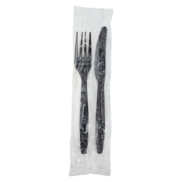[500 sets] Heavy-Weight Cutlery Kits (Knife, Fork, 1-ply Napkin), Black