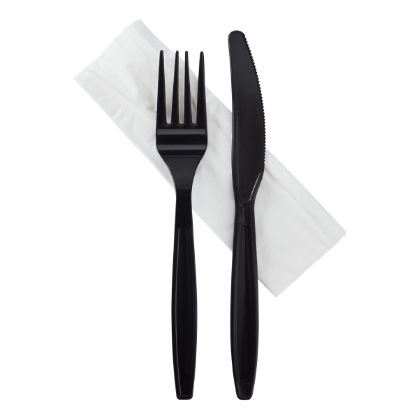 [500 sets] Heavy-Weight Cutlery Kits (Knife, Fork, 1-ply Napkin), Black