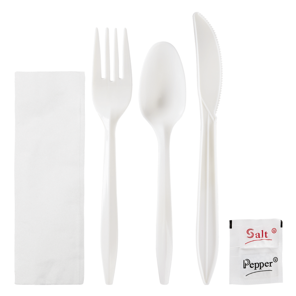 [250 sets] PP Plastic Medium Weight Cutlery Kits with Salt and Pepper, White