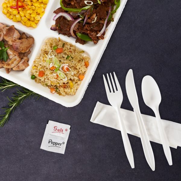 [250 sets] PP Plastic Medium Weight Cutlery Kits with Salt and Pepper, White