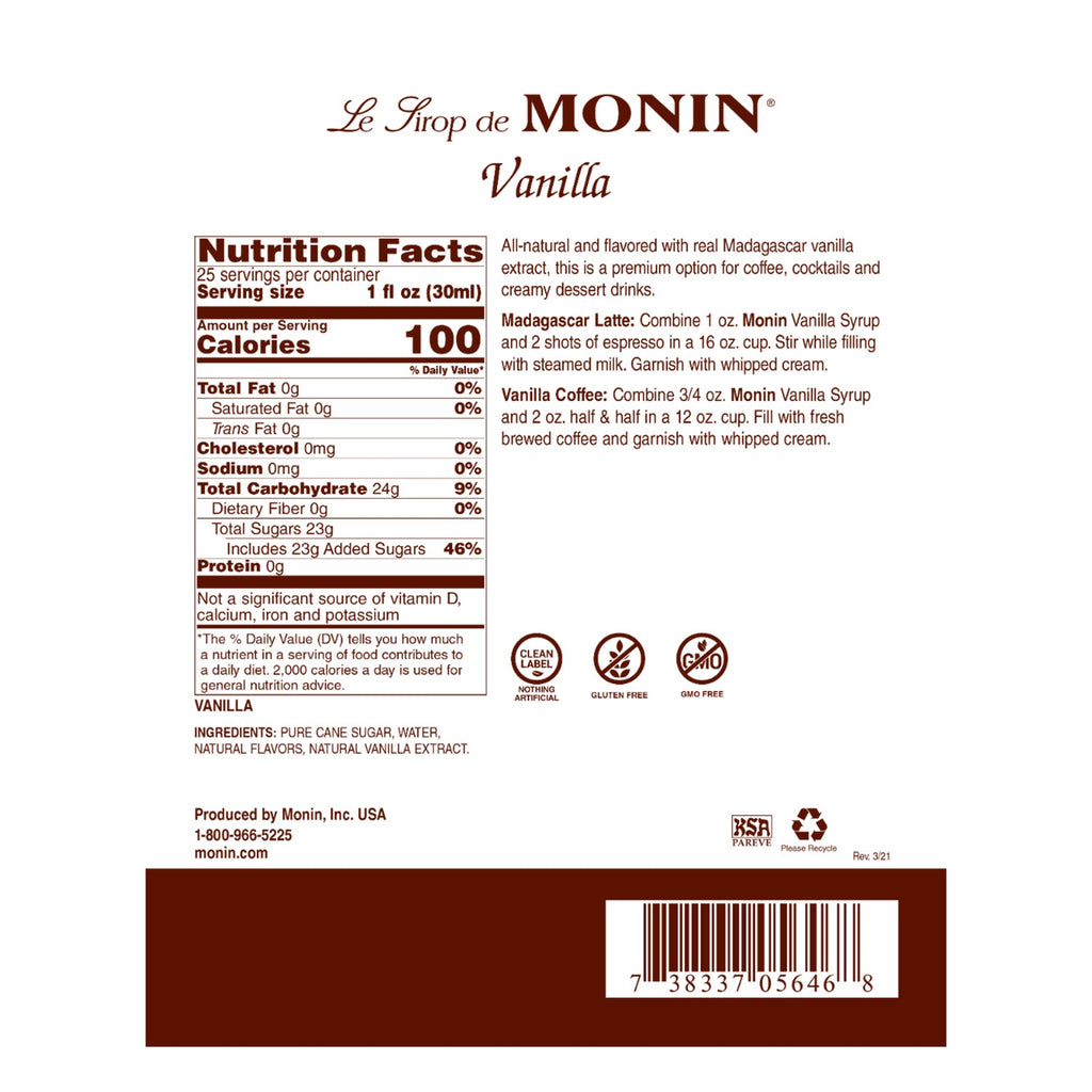 Monin Vanilla Syrup - Bottle (750mL)